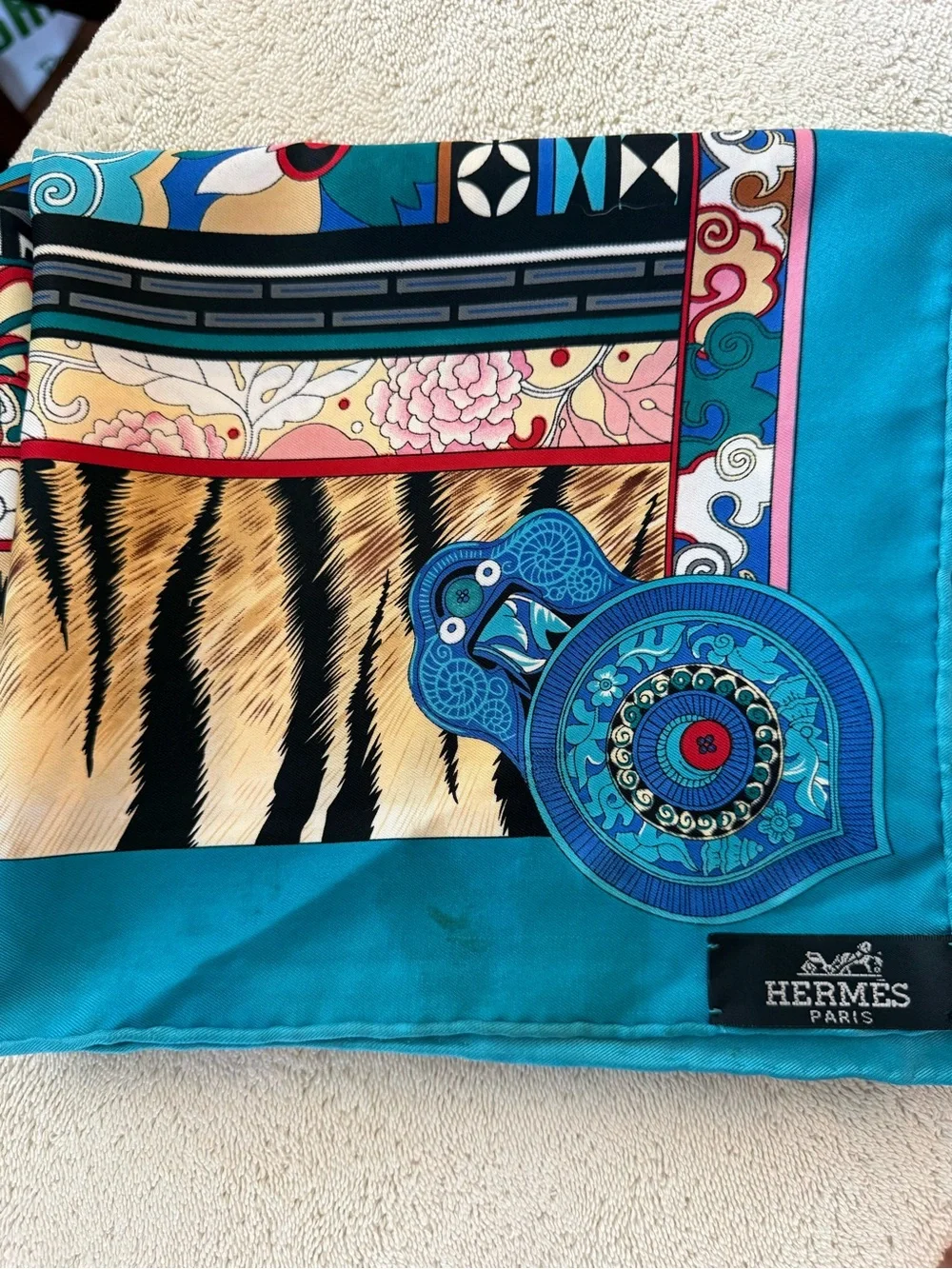 Hermès Paris Silk Scarf – Tibetan Mountain & Tiger Print Design
